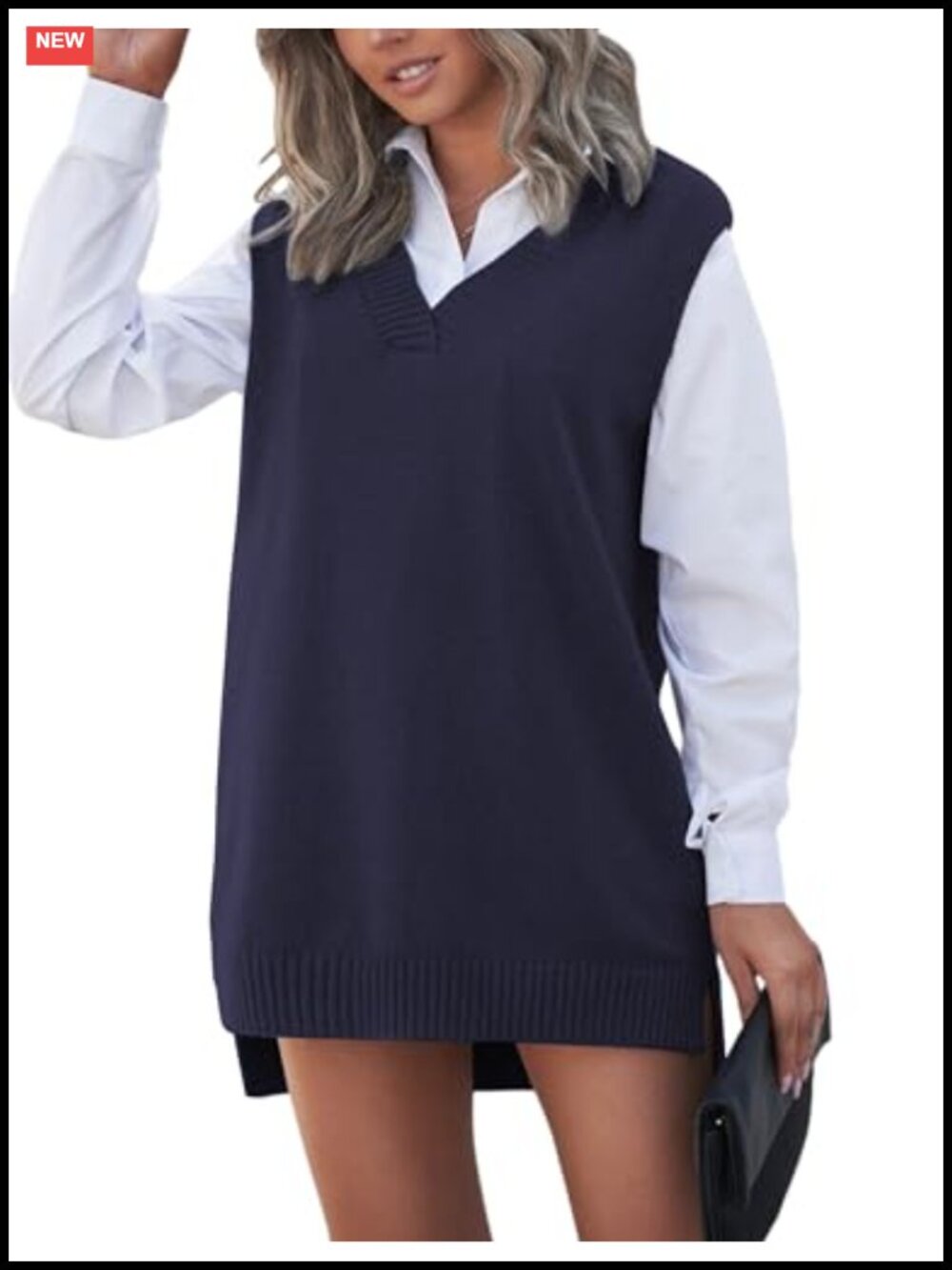 Oversized Knit Long Sweater Vest Deep V Neck Side Split Womens Sleeveless